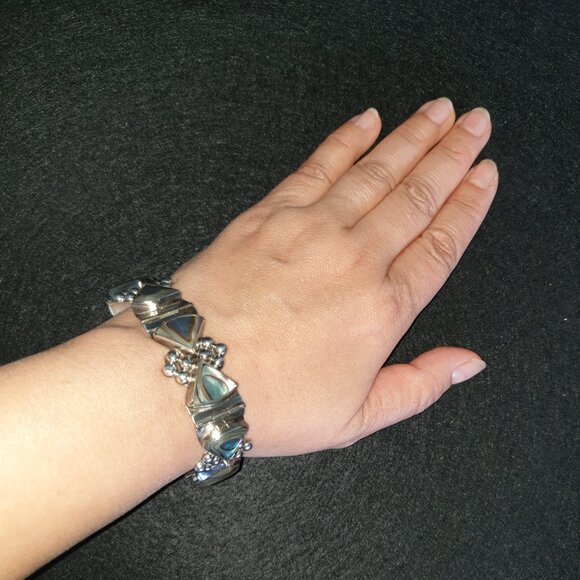 Bold Vintage Mexico Taxco 925 Sterling Silver Abalone Inlaid Statement Bracelet - Picture 4 of 16